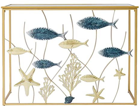 ROCKING GIFTS Eingangskonsolentisch und Flur aus vergoldetem Metall mit Aquarium Fisch und Glasplatte, Beistelltisch, elegante Dekoration für Flur und Wohnzimmer, 108 cm