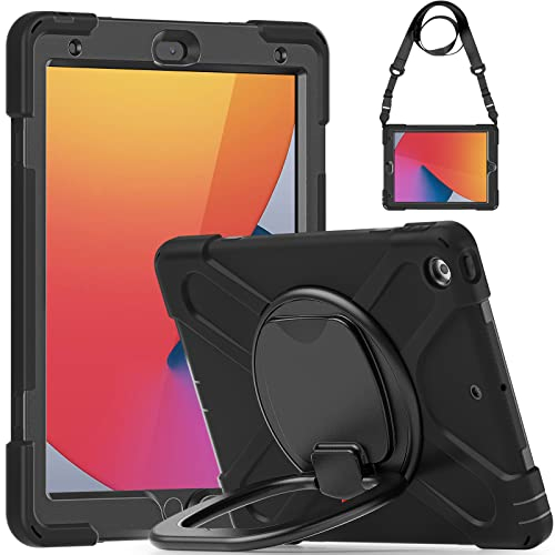 Gerutek Hülle für iPad 9./8./7. Generation 10,2 Zoll, Stoßfeste Robust Panzerhülle mit Tragbarer Ringgriff, Drehständer, Schultergurt, Schutzhülle für iPad 10,2 2021/2020/2019, Schwarz