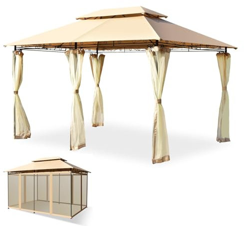 RELAX4LIFE Gazebo con Zanzariera, Telone Rivestito Impermeabile con Air Vent, Pareti in Tessuto a Rete con Chiusura a Cerniera, Telaio in Ferro Verniciato e Fissaggio Stabile(marrone chiaro)