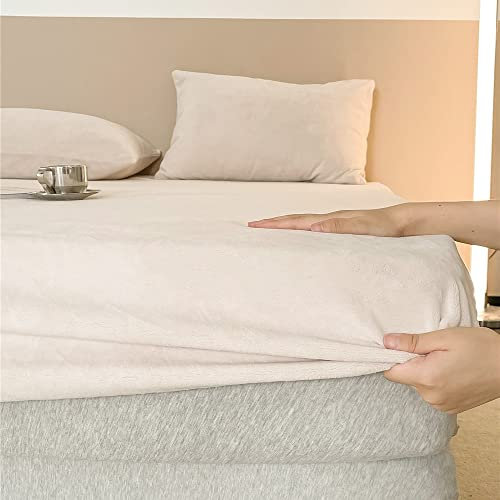 Michorinee Warme Fleece Spannbettlaken 90x200cm Cashmere Touch Kuschelig Flauschig Plüsch Flanell Bettlaken Spannbetttuch für Boxspringbett Topper Matratze bis 30 cm Hohe Creme Weiß