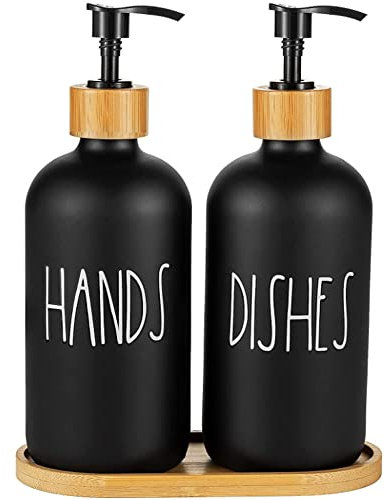 Hniuyun Glass Soap Dispenser Set of 2, Glass Soap Dispenser Bottle with Pump, 16 Oz Refillable Liquid Hand Jar Dispenser for Bathroom, Countertop, Kitchen, Laundry Room (Black)