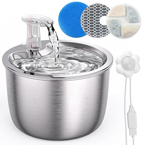 Fontaine à Eau pour Chat Chien avec Capteur Infrarouge Distributeur Eau en Acier Inoxydable Automatique 2L pour Animaux Ultra Silencieux,3 Modes de Débit,avec 1.9M USB, Filtres, Bouée de Niveau d'eau