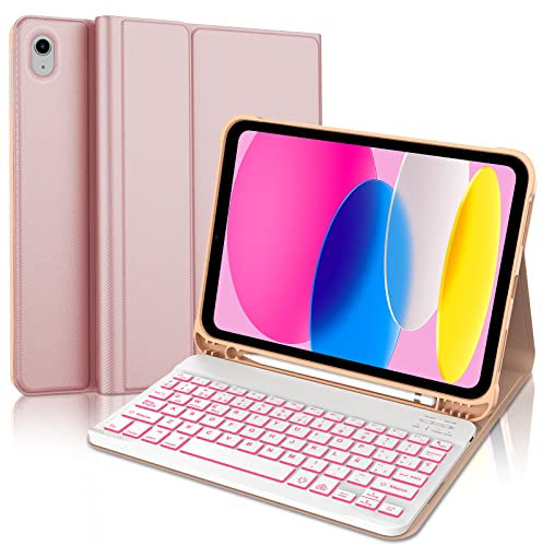 Teclado para iPad 10 Generación 2022/11 Generación A16 2025 (10.9/11 Pulgada), QWERTY Español Ñ, Retroiluminado de 7 Colores Bluetooth Magnéticamente Funda Teclado para iPad 10/11 Gen, Oro Rosa