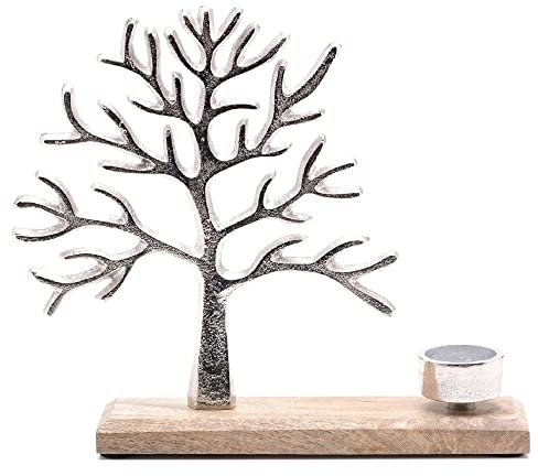 Silver Metal & Wood Tree of Life Tea Light Vintage Candle Holder | 28cm Width | New Home Gift | Birthday Present