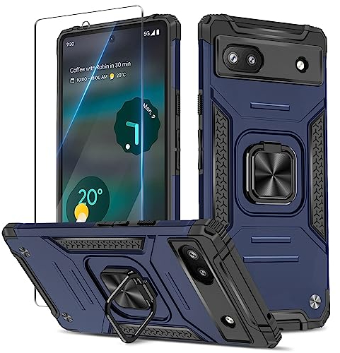 Btstring Coque pour Google Pixel 6A avec Verre Trempé, Etui de Protection Antichoc de Qualité Militaire, Housse avec Anneau Support Métallique, Support de Voiture Compatible, Bleu