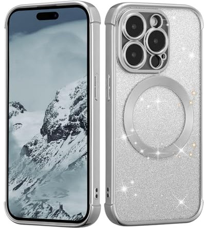 ZTOFERA Magnetic Case for iPhone 14 Pro Max Compatible with MagSafe, Luxury Plating Bling Gradient Glitter Soft TPU Clear Sparkle Case Camera Protection Cover for Women Girls - Silver