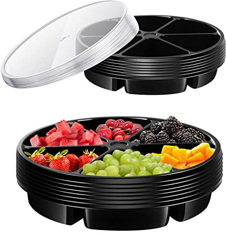 Seewey 10 Pack Round Plastic Serving Tray 11.8 Inches 6 Sectional Appetizer with Lid Food Platters Platter Container Veggie Fruit Organizer for Party and Buffet (Black) (YOU-Seewey-2642)