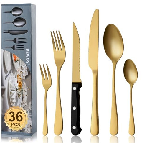 BEWOS Juego de Oro cubiertos para 6 personas, cuberteria acero inoxidable de 36 piezas con cuchillos para carne, Cuchillo Cuchara Tenedor Cubiertos Set Espejo Pulido, Apto para Lavavajillas