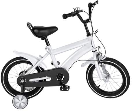 TESUGN Kinderfahrrad, 14 Zoll Unisex Kinder Spielrad Rad Bike, Lenkrad und Sattel höhenverstellbar Kinderfahrrad für 3-6 Jahre Kinder Trainingsfahrräder, Weiß
