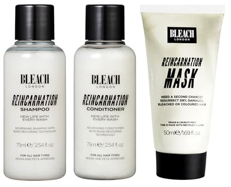 Bleach London Reisegröße Reincarnation Haarpflege-Routine-Set Mit Reincarnation Shampoo Und Conditioner 2 X 75ml Und Haarmaske 50ml, Bond-Reparierende Behandlung Für Trockenes, Beschädigtes Haar