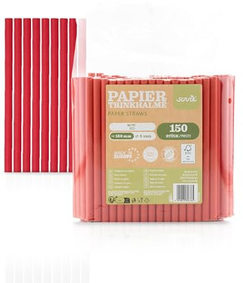 Sovie Lot de 150 pailles en papier rouge - Sans plastique - Certifiées FSC, fabriquées en Europe - Biodégradables - Diamètre 8 mm - Longueur : 15 cm