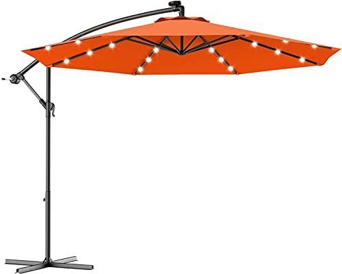 3M Cantilever Parasol Premium Garden Parasol Umbrella with Integrated Solar Powered Led Lights, Banana Patio Umbrella Beach Umbrella for Garden, Terrace, Swimming Pool, SIXWORLD, Orange