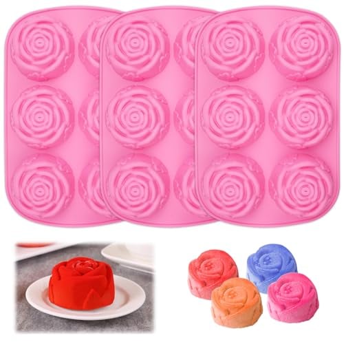 EXIN DEHCEN 3 Stück Silikonform Rose Eignblüte, Eiswürfelform Rose, Silikon Seifenformen Rose, Rosen Silikonform, Roses 6-cavity Multifunctional Silicone Mold für Muffin, Brot, Mousse, Pudding (Rosa)