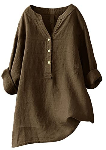 Leinen Shirt Damen, Vintage Oversize Tunika Langarm T-Shirt Lose Bluse Große Größen Top, Braun, 5XL