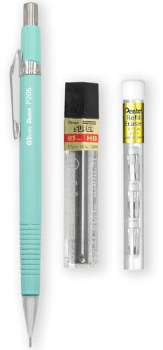 Pentel P205-97C Porte-mine automatique – Gamme Pastel Floral – Simple + 12 mines de recharge Hi-Polymer HB 0,5 mm + Tube de 4 recharges pour gomme Z2-1N (vert pastel)