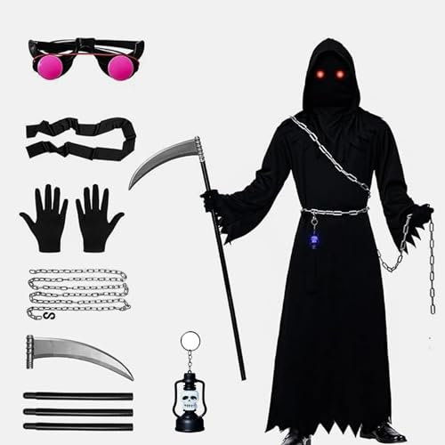 Costume Mietitore,Costume da Tristo Mietitore,Costume morte Bambino,Costume Falce Tristo Mietitore Mantello con Cappuccio Guanti Falce Occhiali Decorazione di Carnevale Festa Cosplay(S