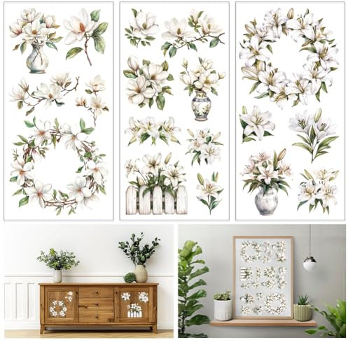 GLOBLELAND 3 Feuilles de Fleurs de Lys de Magnolia pour Meubles 6x12 pouces Bouquet Couronne de Fleurs Autocollants Muraux Auto Adhésifs pour Chambre à Coucher Salon Bureau Décoration de Table