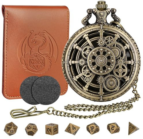 Mini DND Würfelset mit Steampunk Hohlzahnrad Taschenuhr Muschelgehäuse, 7-teiliges Polyedrisches D&D-Würfelset aus Metall, DND Geschenke mit Lederbeutel, Rollenspiel-Brettspielzubehör, Bronze