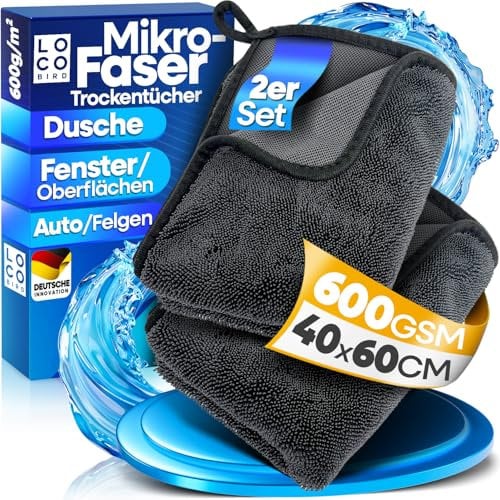 Loco Bird saugstarkes Trockentuch Dusche 600GSM - 2er Set 40x60 cm Fast Dry Microfaser Putztuch für Badezimmer, Microfasertuch in grau, Auto Trockentücher xxl, Mikrofasertücher groß, simply shiny Bath