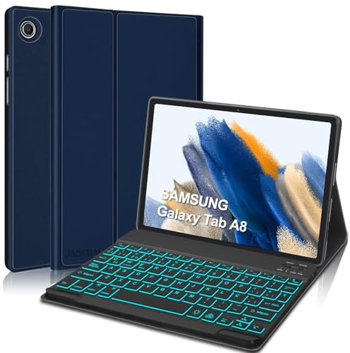 Funda con Teclado para Samsung Galaxy Tab A8 10.5'', Teclado Bluetooth Desmontable con Retroiluminado de 7 Colores, Español Ñ Teclado con Portalápices para Samsung Tab A8 2022 (SM-X200/X205) - Azul