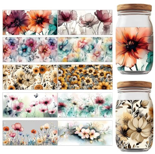 GOMAKERER 10 Blatt Transferaufkleber Rubbel Transferpapier UV DTF Cup Wraps Tassenaufkleber Wasserfester Druck UV Transferpapier Für 16 Oz Glasbecher DIY Bastelarbeiten (Blume)