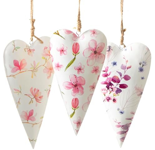 Logbuch-Verlag 3 Metallherzen Deko hängend mit Blumen rosa pink floral Herz Anhänger Frühling Muttertag Ostern 18 cm