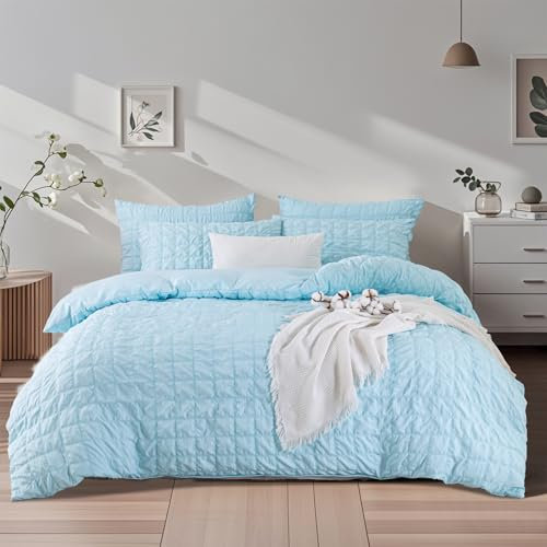 Boqingzhu Bettwäsche Blau 135x200cm Seersucker Sommer Atmungsaktiv Kühlende Wende Bettwäsche Set Bettbezug 135x200cm und Kissenbezug 80x80cm mit Reißverschluss