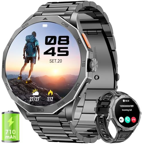 Military Smart Watch for Men Answer/Make Calls 710mAh Big Battery, 1.85 HD Ultra Screen with Heart Rate/Sleep Monitor /100+Sport Modes Smart Watches for Android iOS Black Steel Strip