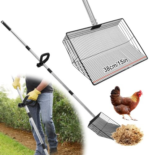 GHWMYD 38cm groß Hühnerkotschaufel mit 137cm Griff für Hühnerstall Zubehör, Siebschaufel für Trennung von KOT und Schutt von Sand de Hühner Einstreu, Hühnerstreu Schaufel Scooper