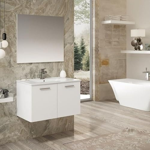 Mueble de Baño Suspendido Mallorca con Lavabo Cerámico y Espejo, 2 Puertas (Lacado Blanco Brillo, Ancho 60 cm)