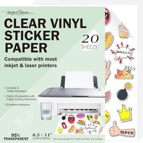 JAGERGREEN Papel Adhesivo Transparente A4 para Imprimir (216x279 mm), 20 Hojas de Vinilo Imprimible para Impresoras Láser y de Inyección de Tinta, Papel Pegatina A4 para Etiquetas y DIY