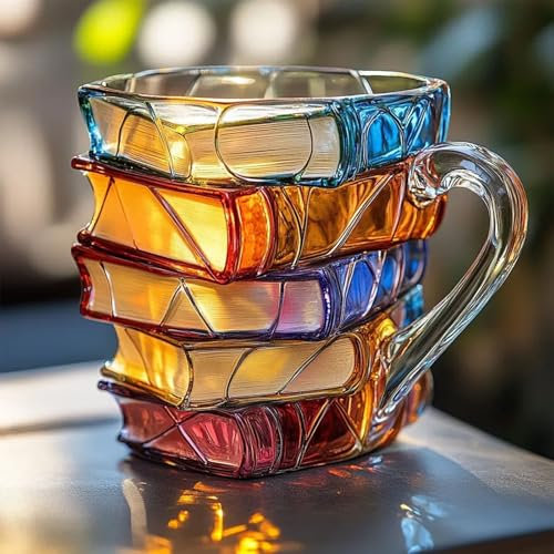 Painted Book Mug, Creative 3D Painted Books Coffee Cup, Novelty Unique Books Stack Coffee Mug, Home Office Decoration, Gifts for for Book Lovers Teachers Literary Friends (A)