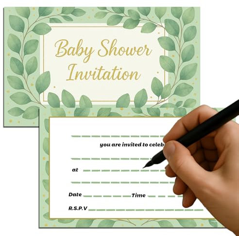 Baby Shower Invitations with Botanical Design - 20 Party Invite Cards 15x9cm - Premium 300gsm Matte Cardstock Smooth Writing Surface Neutral Floral Theme