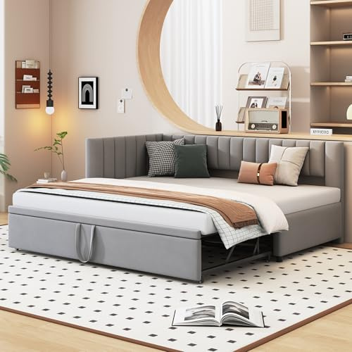 Lahoomu Polsterbett Ausziehbares Schlafsofa 90/180 * 200cm mit Lattenrosten, Multifunktionsbett aus hautfreundlichem Samtstoff Grau，Design für Kinderbett, Gästebett, L-förmiges