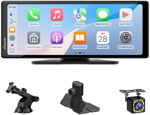 Portable Carplay Screen, Carpuride V92R Wireless Carplay & Android Auto, 10.26 Inch 1080P HD Touch Screen Radio with Real 720P Backup Camera/BT 5.0/Mirror Link Support Truck RV Dash Mount