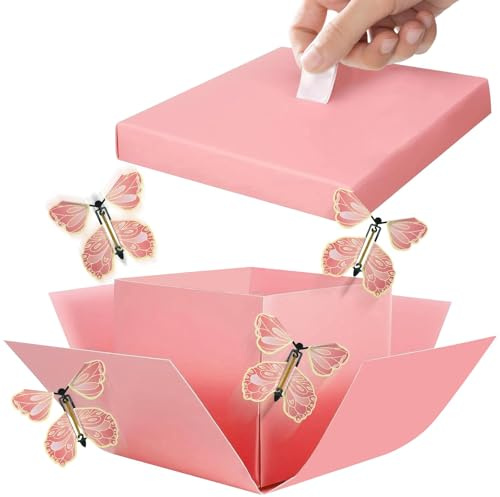 Überraschungsbox,Rosa Schmetterlings Explosions Geschenkbox mit 4 Fliegenden Schmetterlingen mit Explosionseffekt,Kreative DIY-Geschenkbox zum Öffnen für Geburtstage,Weihnachten,Jubiläen