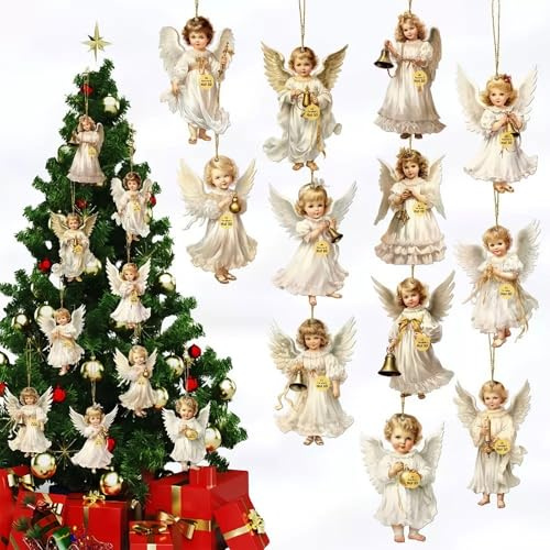 36 Pcs Christmas Wooden Angel Ornaments Pack, Xmas Tree Hanging Farmhouse Ornaments for Christmas Tree Holiday Party Home Decor (Angel 4)