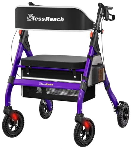BlessReach Foldable Heavy-Duty Rollator Walker with Seat for Seniors,Purple