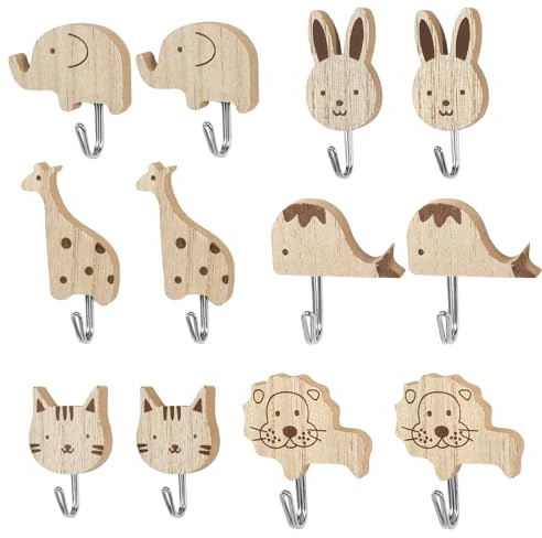 Lot de 12 crochets muraux autocollants en bois - Motif animal de dessin animé - En métal - Chat - Lapin - Éléphant - Baleine - Lion - Girafe - Pour porte-manteau, tringle de cuisine