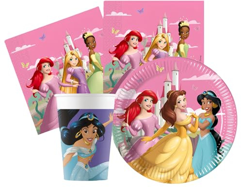 Kit Compleanno Tavola Principesse 16 Persone (52 Pezzi: 16 Piatti 18cm, 16 Bicchieri 200ml, 20 tovaglioli) in Carta