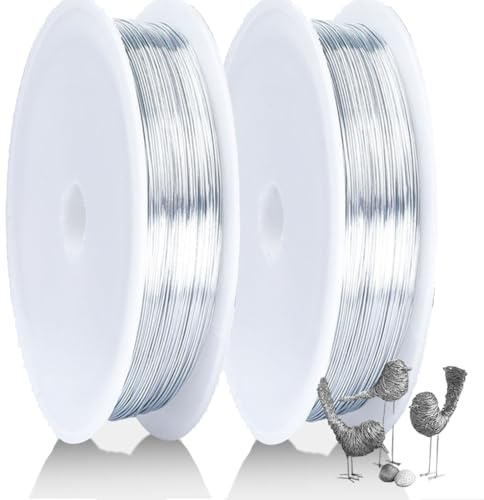 KAHZOR 2 Rotoli 0,3 mm x 50 m Filo di Ferro per Creazioni, 100 m Filo Metallico Argento per Bigiotteria, Gioielli, Uncinetto, Fai da Te, Bouquet, Legature, Intrecci