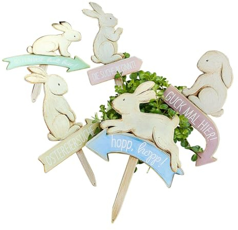 Loberon Schild 5er Set Shevona - Süße Hasenmotive - Verschiedene Designs - Gartendekoration - Osterdeko - Ostern - Eisen, bunt