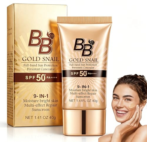 BB Cream SPF 50+,con Extracto de Caracol Dorado,Crema con Color Hidratante,Efecto Natural,Protección Solar,Cobertura Ligera,Unifica el Tono,Base de Maquillaje,Apta para Todos los Tonos de piel,Natural