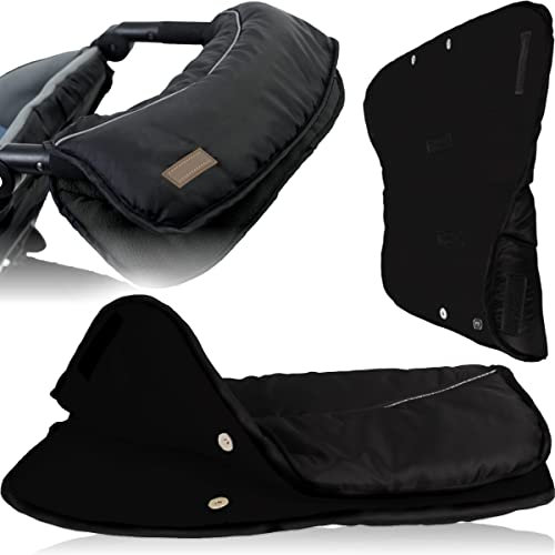 Kinderwagen Handwärmer Handmuff mit kuschelweichen FLEECE Handschuhe Kinderwagenmuff Buggy Sportwagen Universal Wind - und Wasserabweisend reflektierend (SCHWARZ/SCHWARZ)