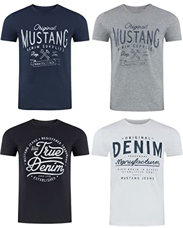 MUSTANG Tshirt Herren Baumwolle Regular Fit 4er Pack Set Rundhals Kurzarm Sommer Tee Shirt Logoprint, Größe:S, Farbe:Farbmix (P9)