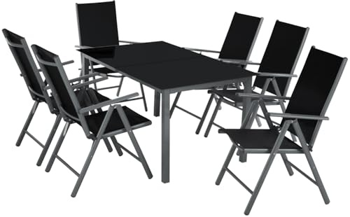 tectake® Conjunto Muebles Jardín Exterior 7 Piezas, Mesa y Sillas Terraza con Estructura de Aluminio, Sillas Plegables y Reclinables, Impermeables, Vidrio de Seguridad, Tela Transpirable - Antracita