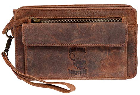 Christian Wippermann Herren echt Leder Handgelenktasche Herrenhandtasche Dokumententasche Tasche Doppelkammer Braun