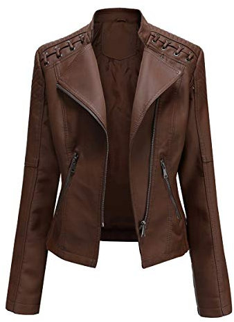 Yynuda, Giacca da motociclista da donna in ecopelle, elegante, con cerniera, classica, corta, Caff, M