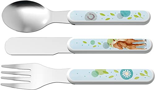 HABA Pferde-Besteck - Buntes Kinderbesteck aus Edelstahl mit ABS-Griffen - 3-teiliges Set aus Gabel, Messer & Löffel - Spülmaschinengeeignet - 1305695001