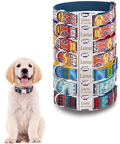 JH Personalised Dog Collar with Name Plate, Adjustable Tough Nylon Customize Engraved ID Collar with Metal Buckle, Options to Matching Style Leash and Bowtie(XS, S, M, L, XL) (Ethnic Style)